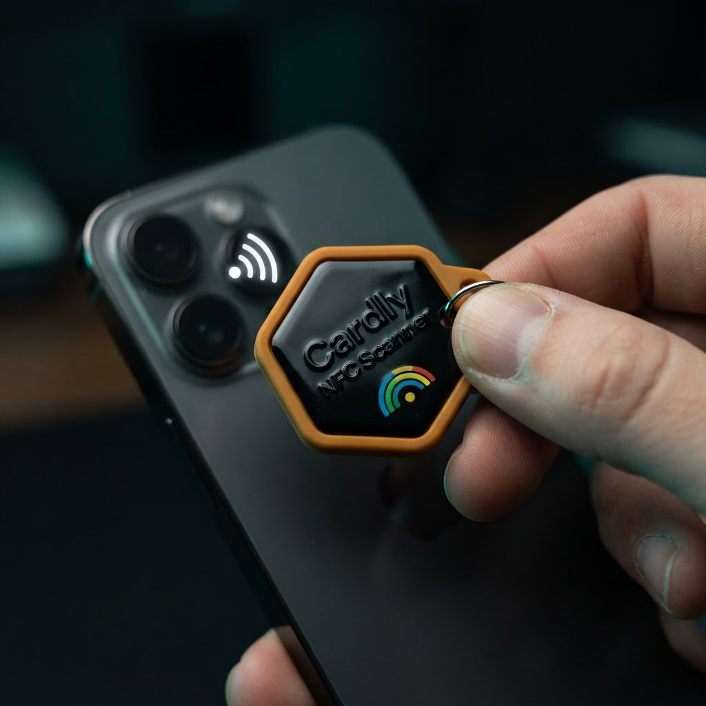 Close-up of the amber Cardly NFC Scanner keychain being held near a phone